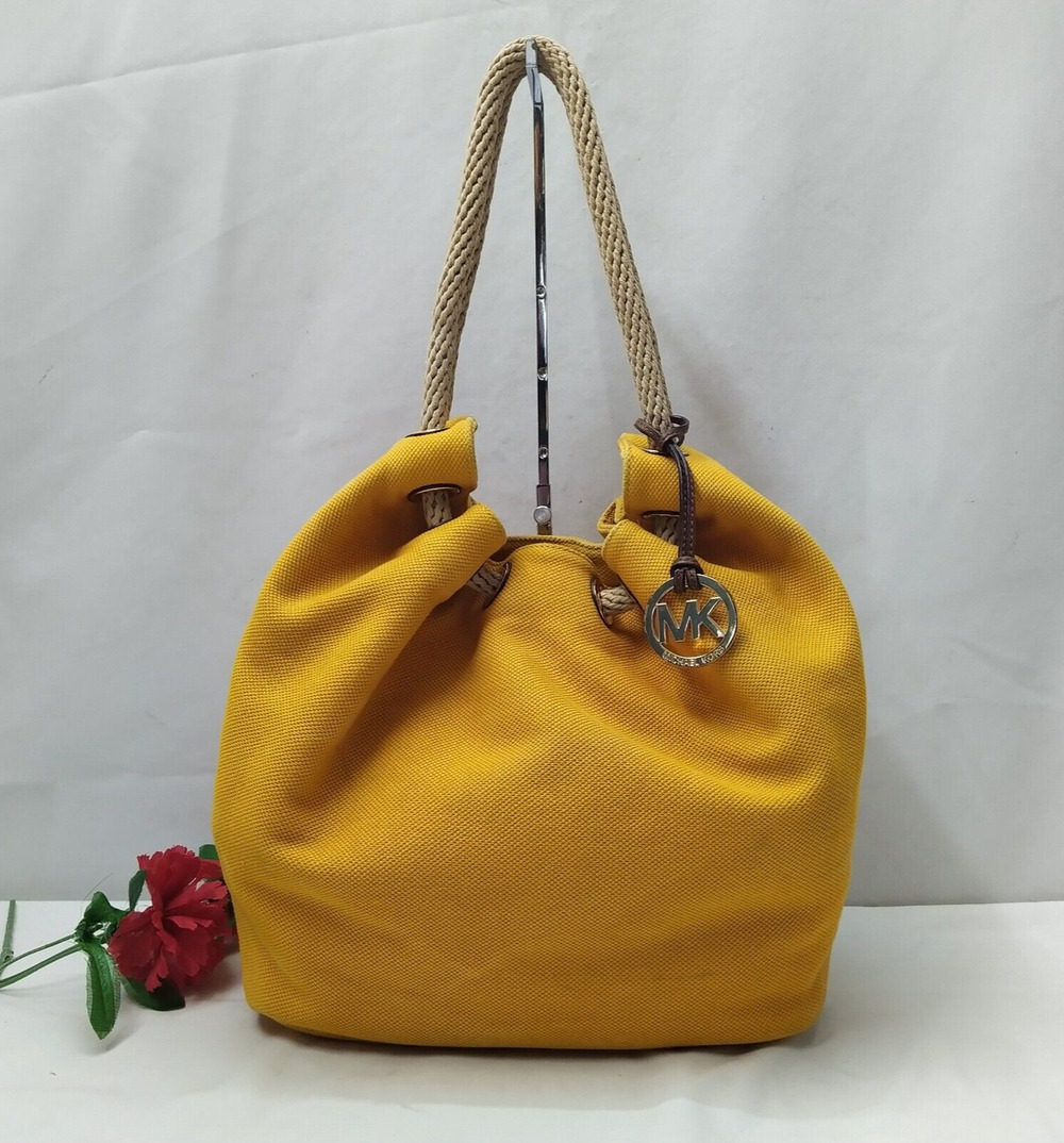 Michael Kors Yellow Canvas Rope Handles Drawstring Bucket Shoulder Bag
